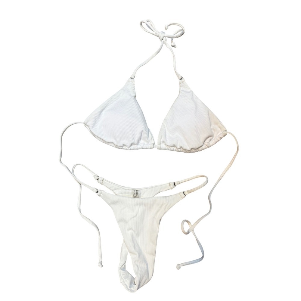 Womens White Ribbed Triangle Bikini Set High Cut Thong Two Piece Swimsuit Size M